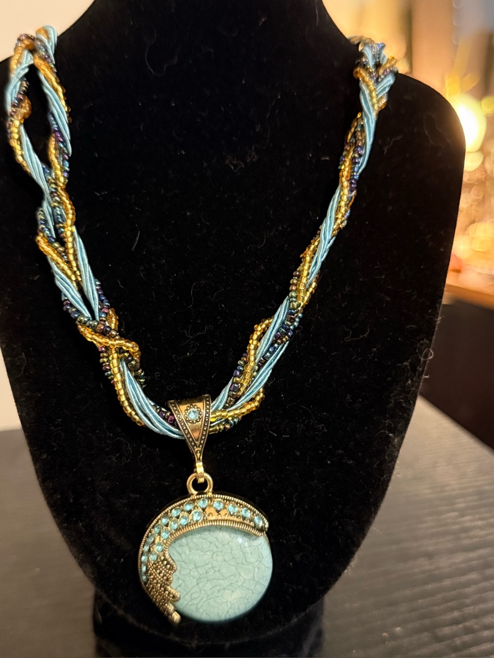 Turquoise Blue Braided Beaded Pendant Necklace - Women's Jewelry